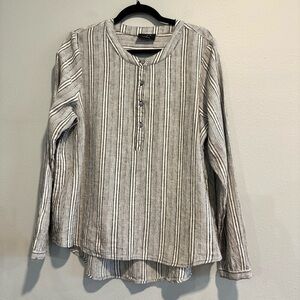 B.L.E.U Linen Blouse Long Sleeve Striped Lagenlook Boho Beach Linen Blend XL